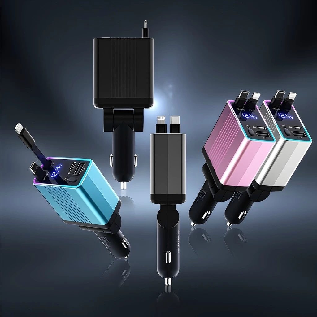 Foto extra 3 do produto Carregador de Celular Carro Retrátil 4 em 1